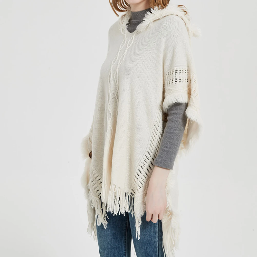 

Knit Sweater Cloak Cloak Knitted Shawl Tassels Warm Winter Women Button Wrap Sweater Female Hooded Fashion Hot