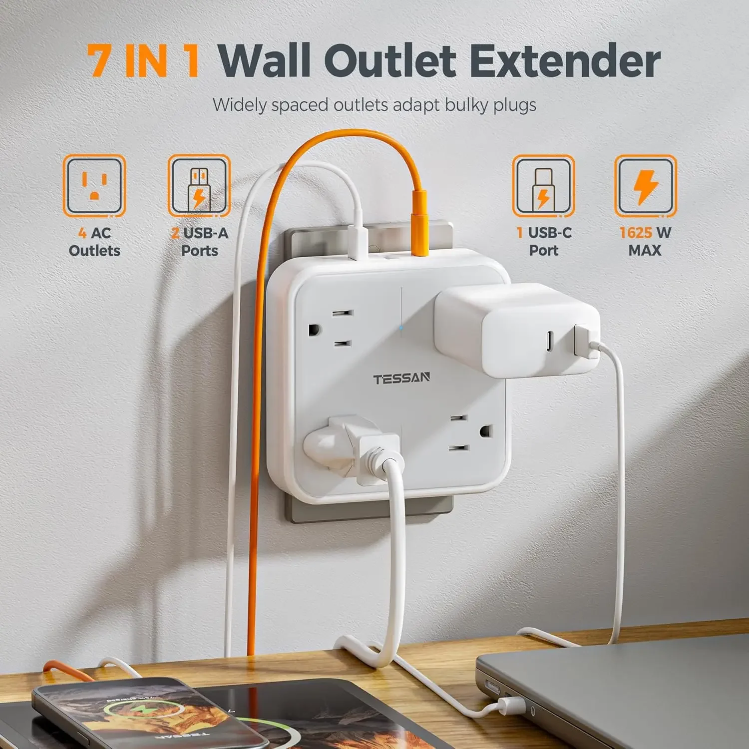 TESSAN Multi Outlet Splitter with 4 AC Outlets 2 USB A and 1 Type C Surge Protector Multi Outlet Extender for Home Office Dorm