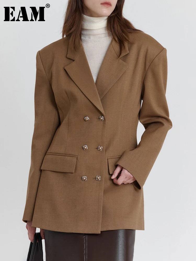 

[EAM] Women Khaki Wool Blazer New Lapel Long Sleeve Double Breastde Waist Jacket Fashion Tide Spring Autumn 2024 1DH3940