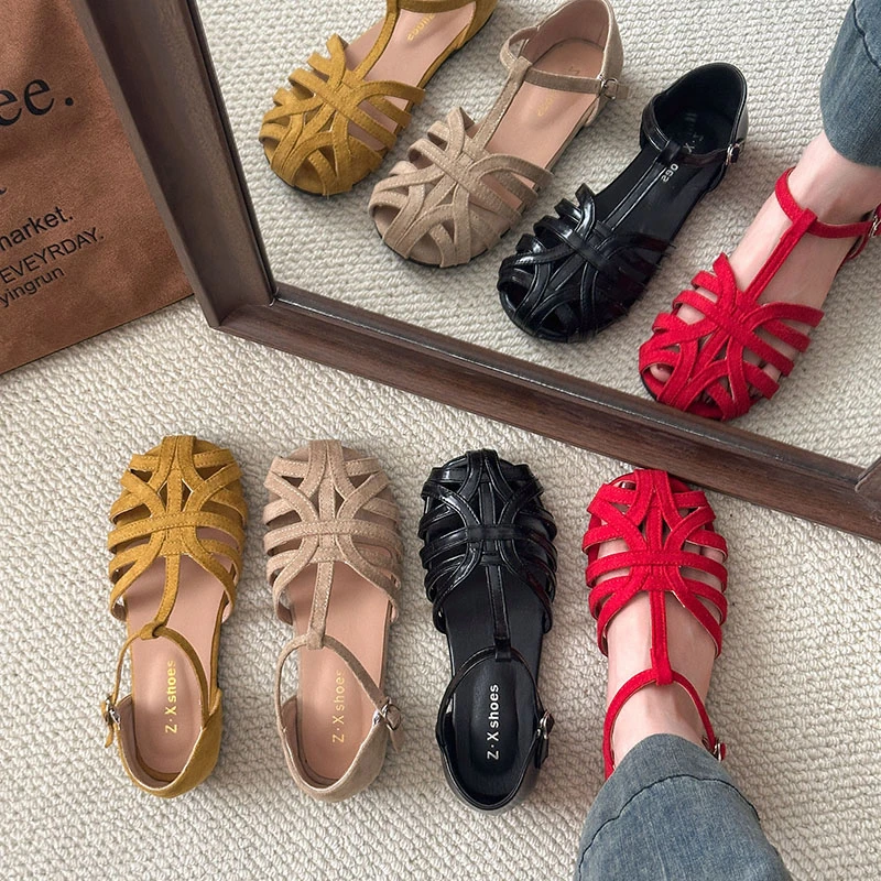 Sandalias romanas trenzadas para mujer de Baotou: suela blanda, antideslizantes, con correa trasera y diseño calado