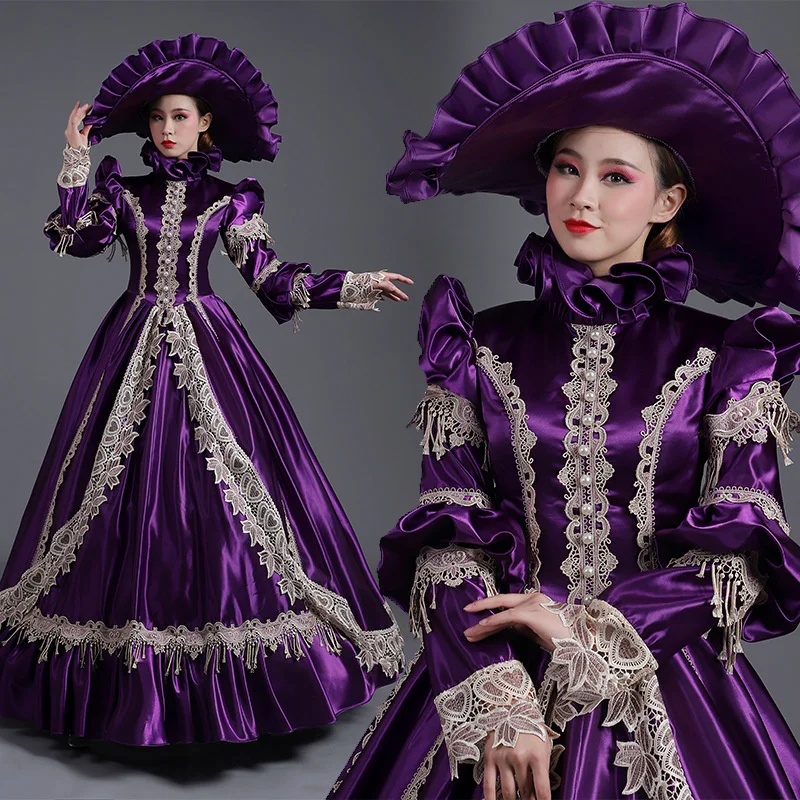 

Medieval Victorian European Court Floor-Length Cosplay Renaissance Middle Age Party Dresses Stage Ball Gown With Hat