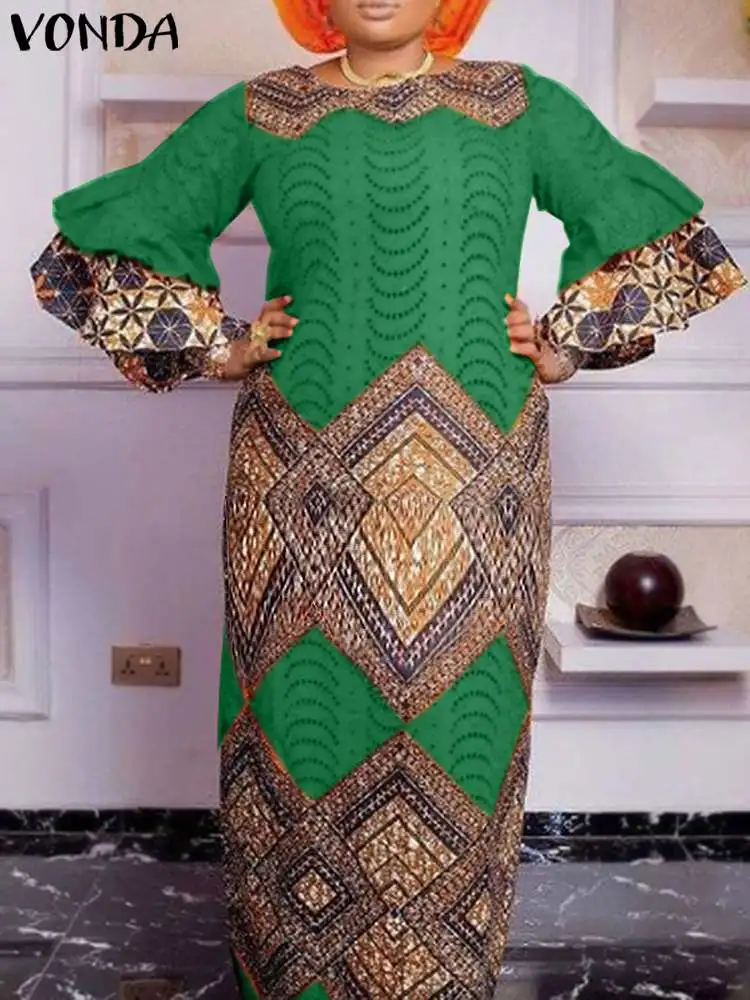 

Платье-макси VONDA женское с принтом в богемном стиле, Повседневный Сарафан с длинным рукавом и оборками, винтажное свободное праздничное платье большого размера