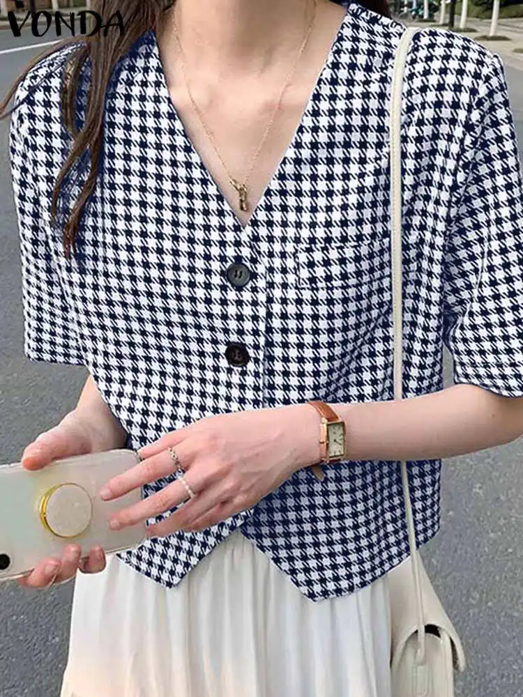 

VONDA женские элегантные офисные рубашки 2024 летние топы с принтом с коротким рукавом V-образным вырезом туника Повседневная Свободная блузка на пуговицах модные блузки