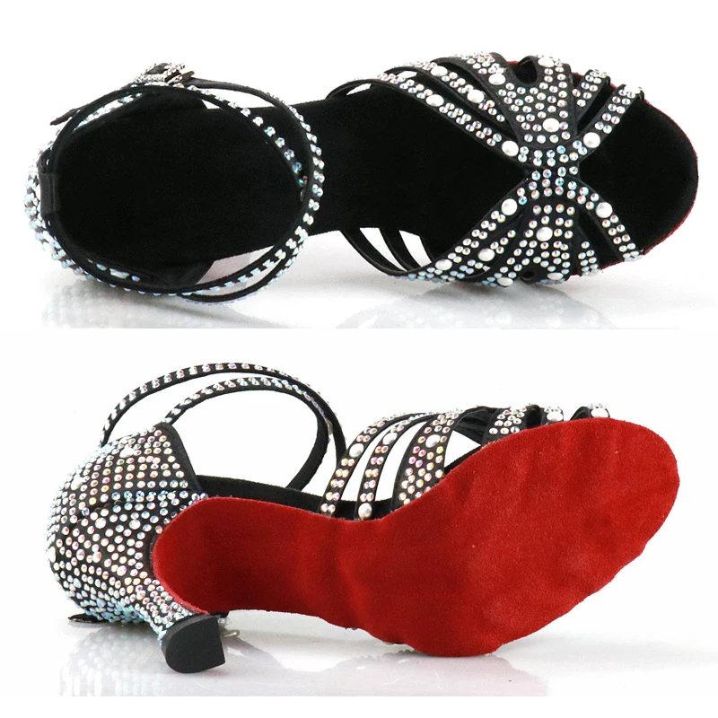 Latin Dance Shoes with Rhinestones for Women, Soft Bottom, Salsa Shoes for Dancing, Ladies Sandals, Wedding High Heels, 7.5cm 5