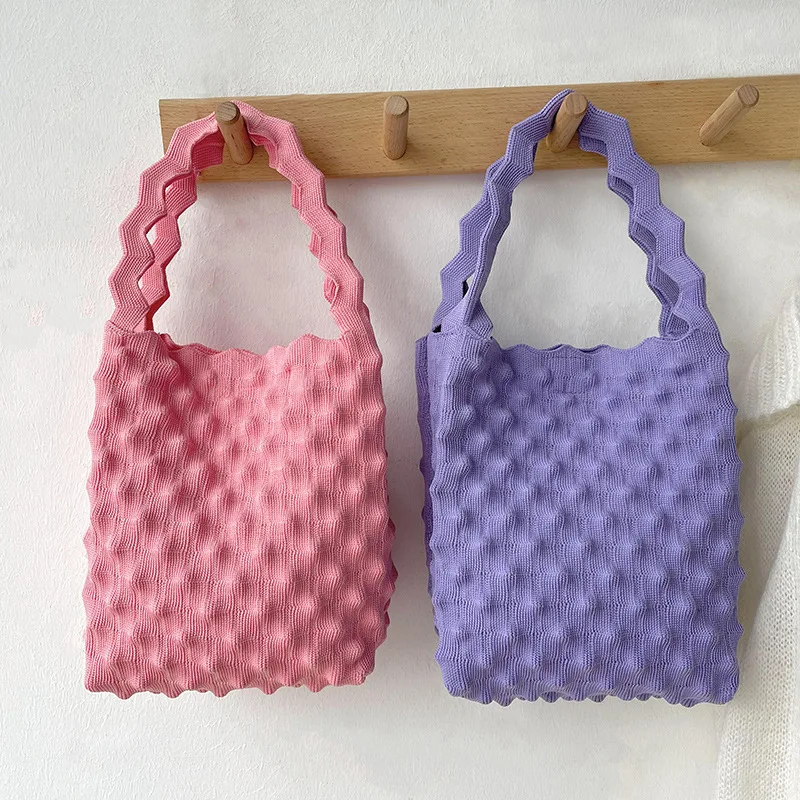 Shoulder Bag Pleated Design Candy Knitted Crochet Tote Handbags Japanese Geometric Stylish Wrist Bag Eco Friendly Phone Purse