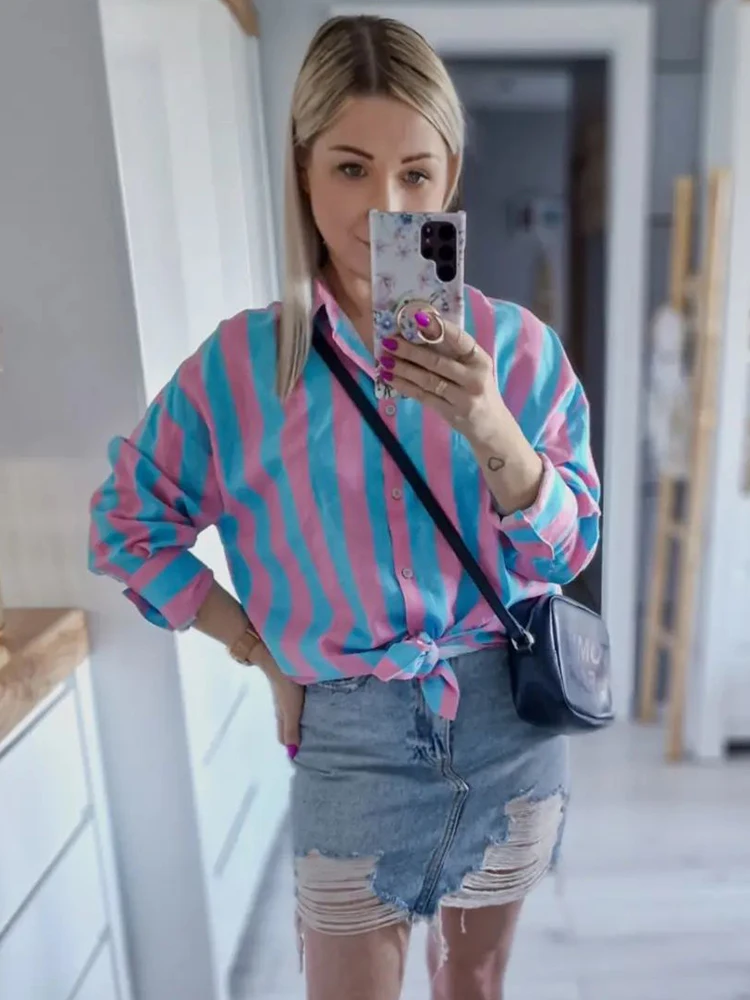 

Jyate Color Contrast Striped Shirt Women Simple Spring Summer Female Temperament Classic Office Lady Blouse Long Sleeve Top
