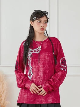 Women's Vintage Graphic Tops Gothic Long Sleeve Round Neck Loose T-Shirts Streetwear Grunge Tops 4