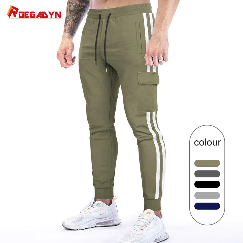 Roegadyn Solid Color Fitness Jogging Pants Cotton Breathable Slim Men's