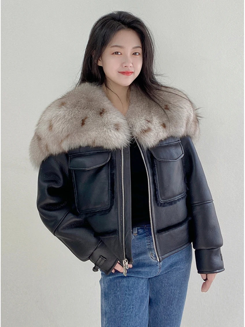 HDHOHR 2024New Fox Fur Collar Women Genuine Leather Shearling Jacket Winter Thick Warm Real Fur Wool Lining Sheepskin Short Coat