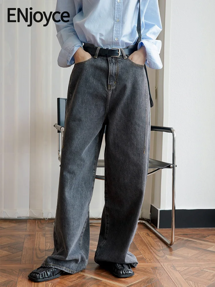 

ENjoyce Spring Fall Women Retro Gray Wide-leg Jeans High Street Ladies Loose Straight Denim Pants Trousers Cargopants