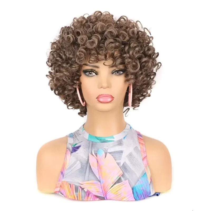 Short Blonde Synthetic Hair Wigs With Side Swept Bangs for Women Female Haircut Puffy Afro Kinky Curly Wig