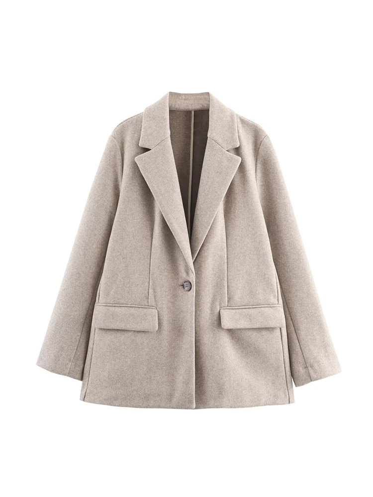 Autumn Women Wool Blend Coat Solid Color Fashion Pocket Blazer Elegant Women's Slim Fit Single Button Office Lady Suit Tops