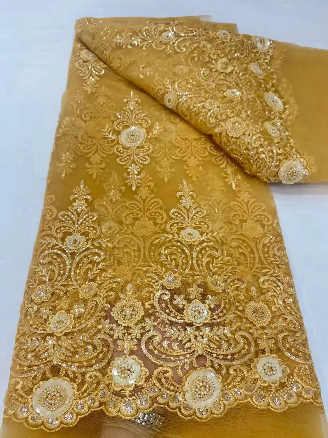 

Gold African Sequins Groom Lace Fabric 2023 High Quality Embroidery Beaded Nigerian French Tulle Lace Material For Wedding Dress