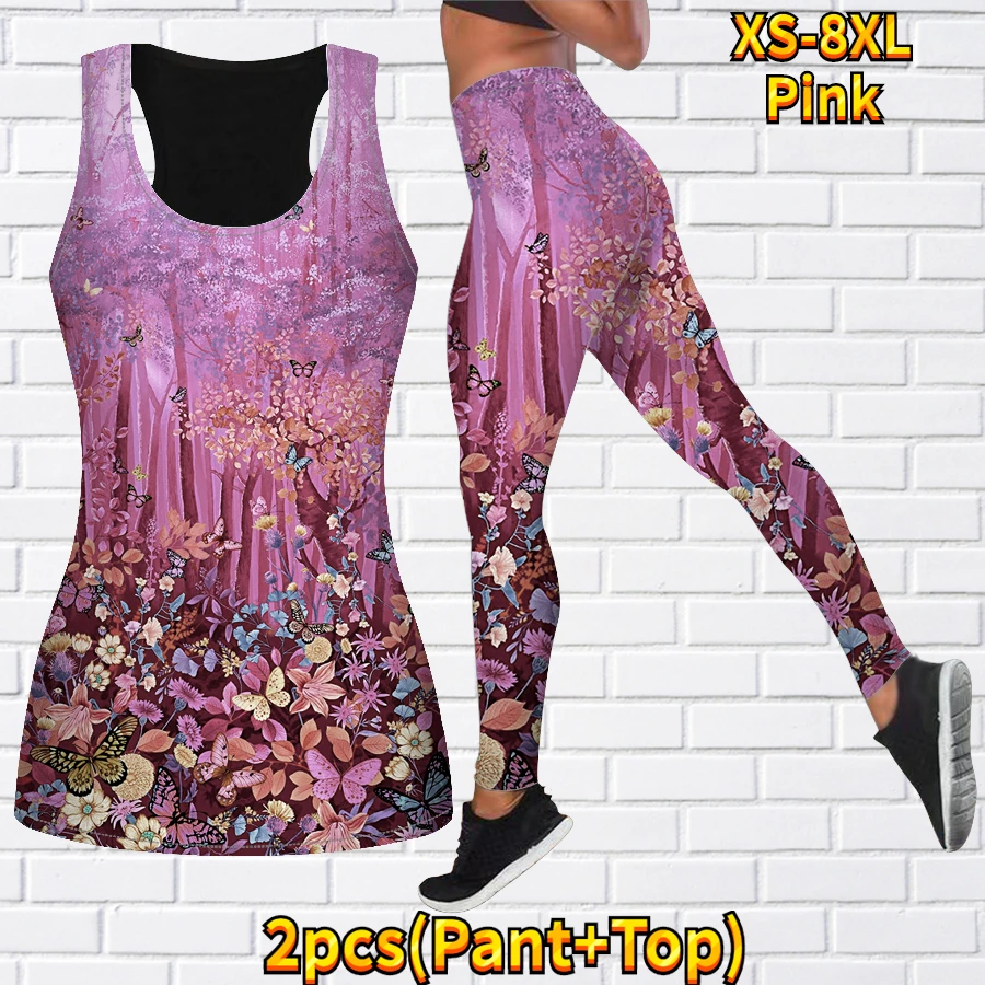 Women\'s 2-piece Yoga Set Sleeveless Casual Sports Vest Yoga Set 3D Beautiful Small Floral Print Sportswear Set XS-8XL