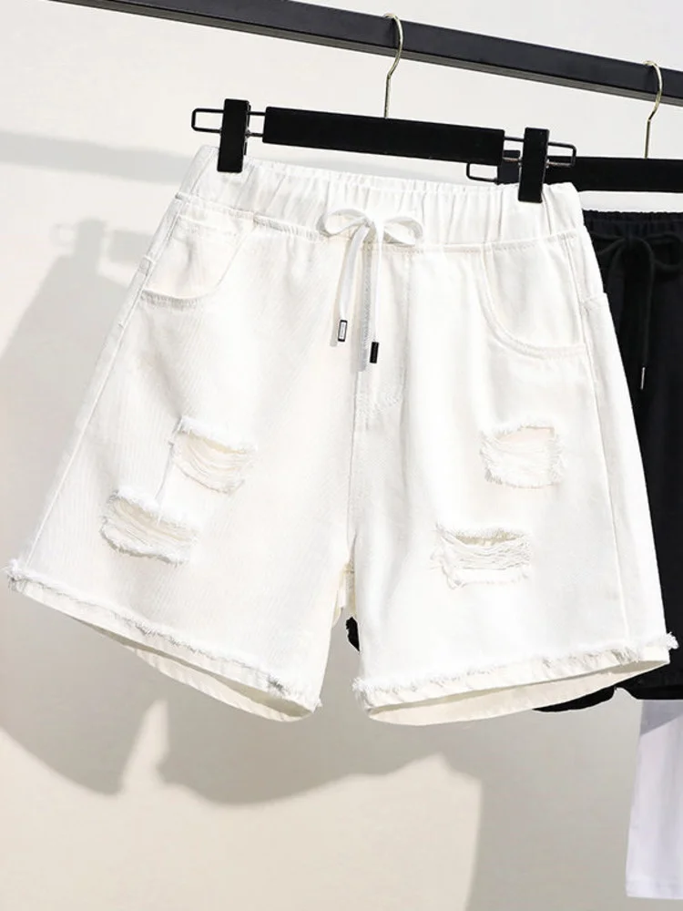 XL-5XL Oversize Stretch Denim Wide Leg Shorts Women Summer Drawstring High Waist Cuffs Short Pants Ripped Frayed Hole Large Size