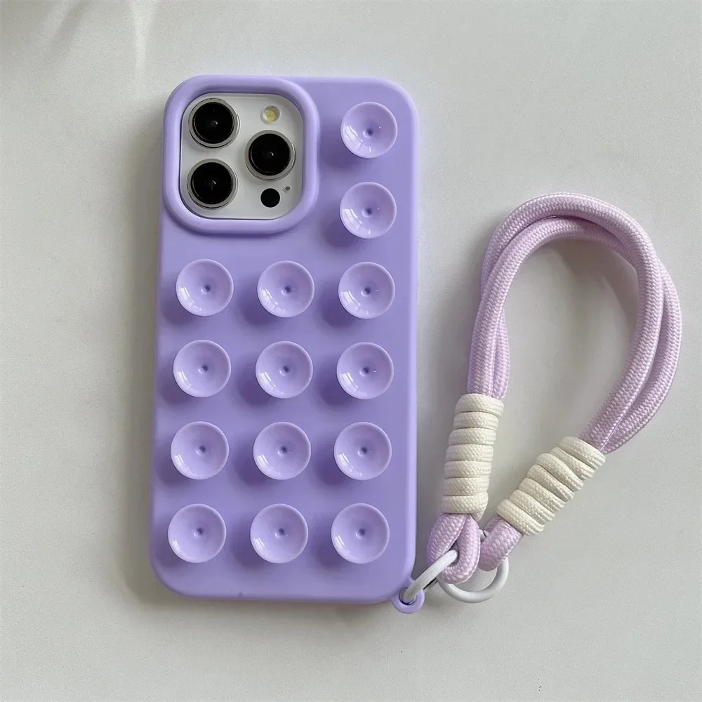 Charming Suction Cup Wrist Strap Case with Lanyard - Soft Liquid Silicone Solid Color Cover