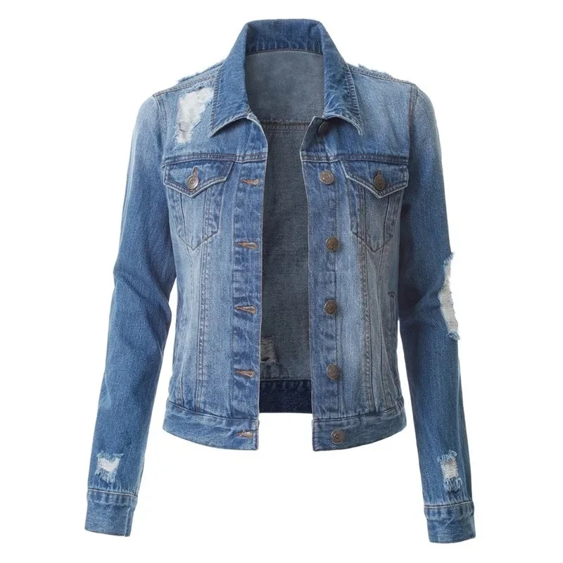 

2023Women Short Denim Jacket Casual Loose Oversized Spring Jeans Coats Ripped Holes Jeans Jacket Women Vintage Bomber Denim Coat