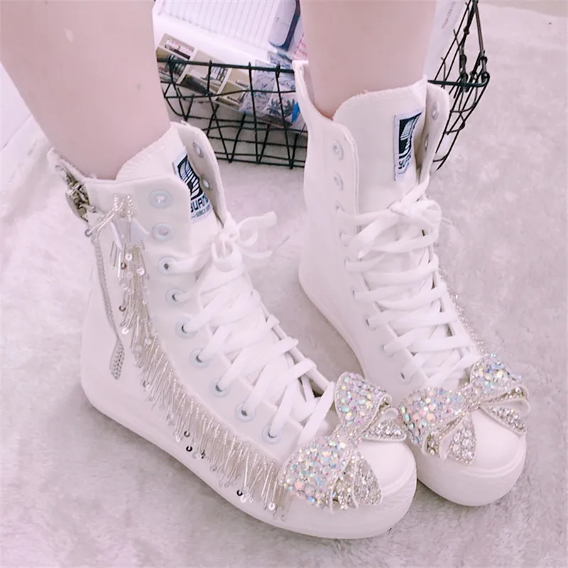 

New beaded beaded fringe bow sweet high top flats Platform zipper espadrille party street shot