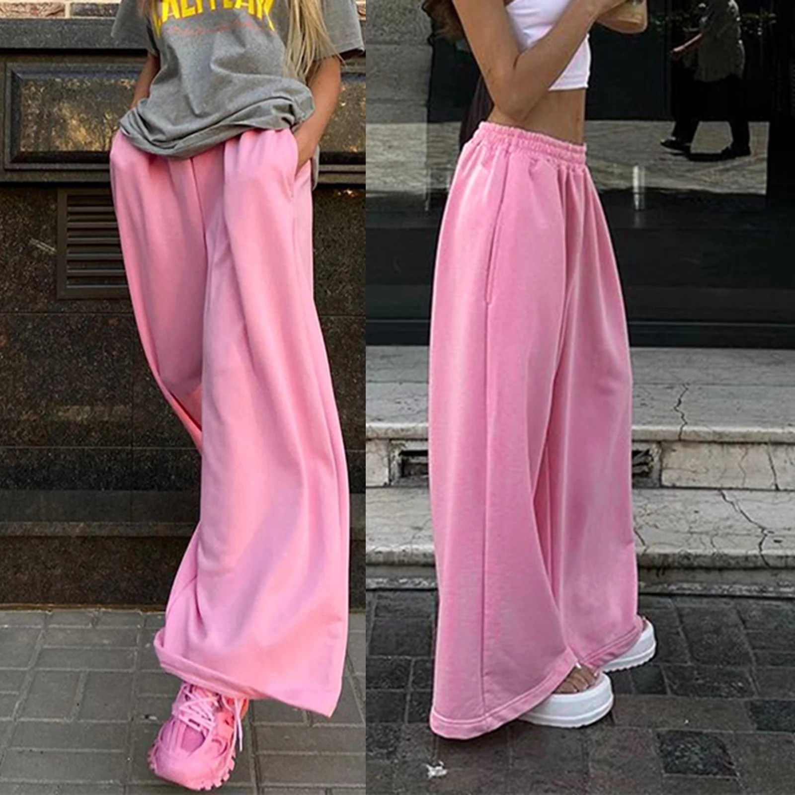 

Women's Baggy Pants Pink Elastic Waistband Cargo Pants Jogger Pants with Pockets