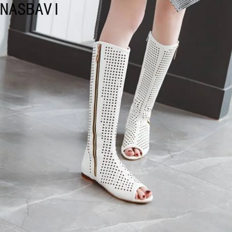 NASBAVI Fashion Women Flats Knee High Summer Boots Peep Toe Square Heels Fretwork Party Shoes Retro Rome Sexy Ladies Footwear