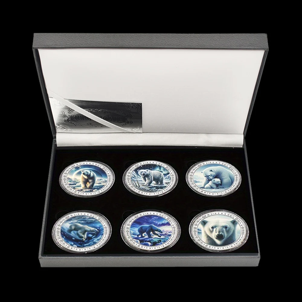 

6pcs/box Rare Animal Polar Bear Silver Plated Commemorative Coin Colored Metal Badge Fans Collect Gift - Rare