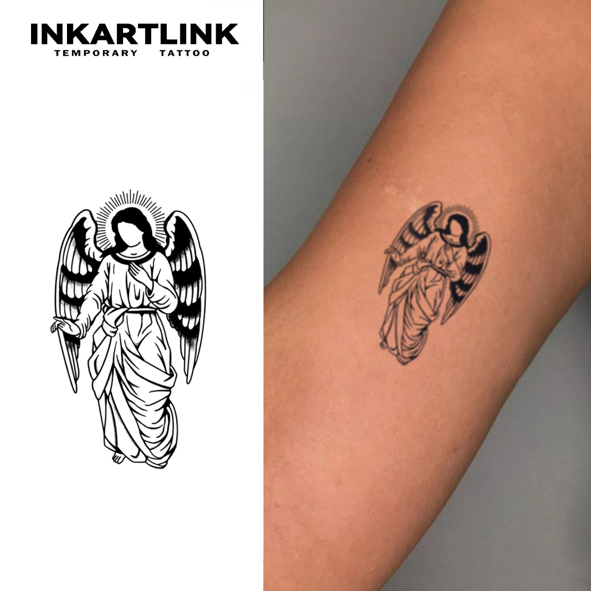 INKARTLINK Black and White Angel Tattoo Patch 1-2 Weeks Long lasting Halo  Wing Design Waterproof Temporary Tattoo 3pcs - AliExpress, image size:1200x1200