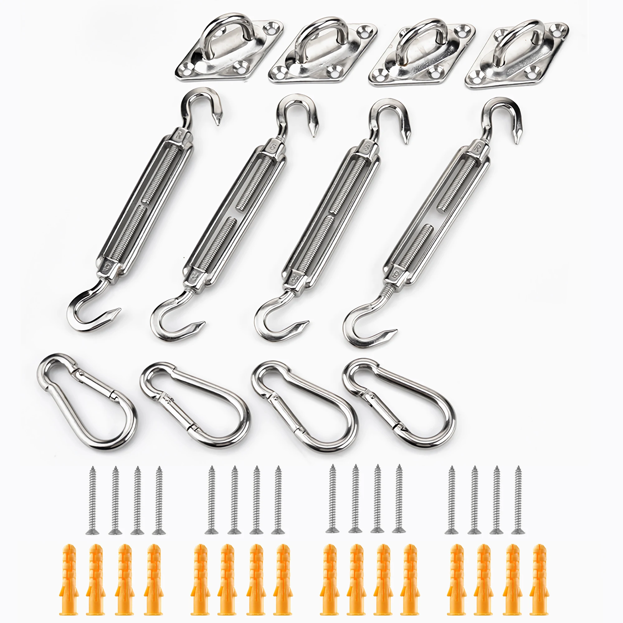 4 pcs Sun Shade Sail Canopy Fixing Accessories Stainless Steel Hardware Kit Turnbuckle Pad Eye Carabiner Clip Hook Screws 6mm