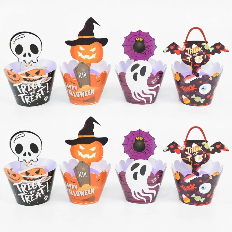 

24pcs Halloween Cupcake Wrapper Cartoon Pumpkin Ghost Skull Bat Cake Toppers Happy Halloween Party Home Dessert Cake Decorations