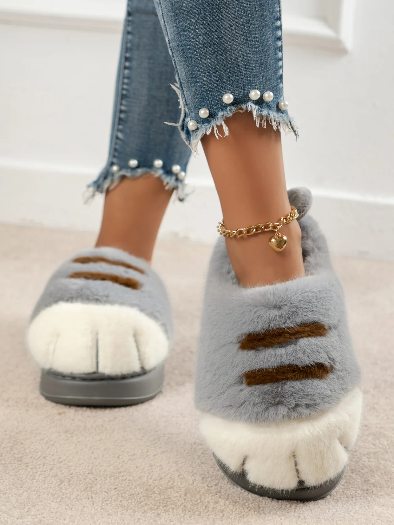 Neue Kitty Claw Furry Loafers Damen Flauschige Slip-On Mules Schuhe Gefütterte Winter Warme Plüsch Hausschuhe Unisex Katzenfuß-Schuhe – Detail 11