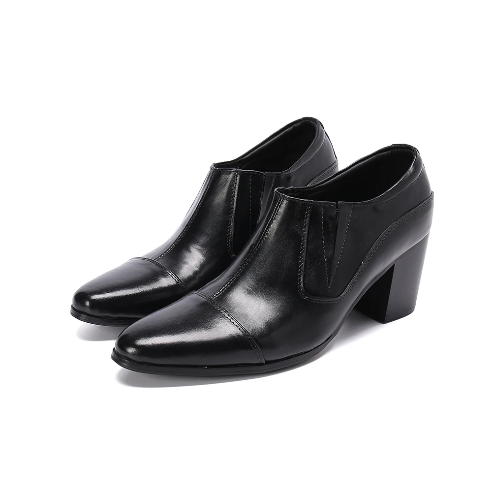 Men's pointed high heels 8cm tall, black and white soft cowhide handmade casual British shoes