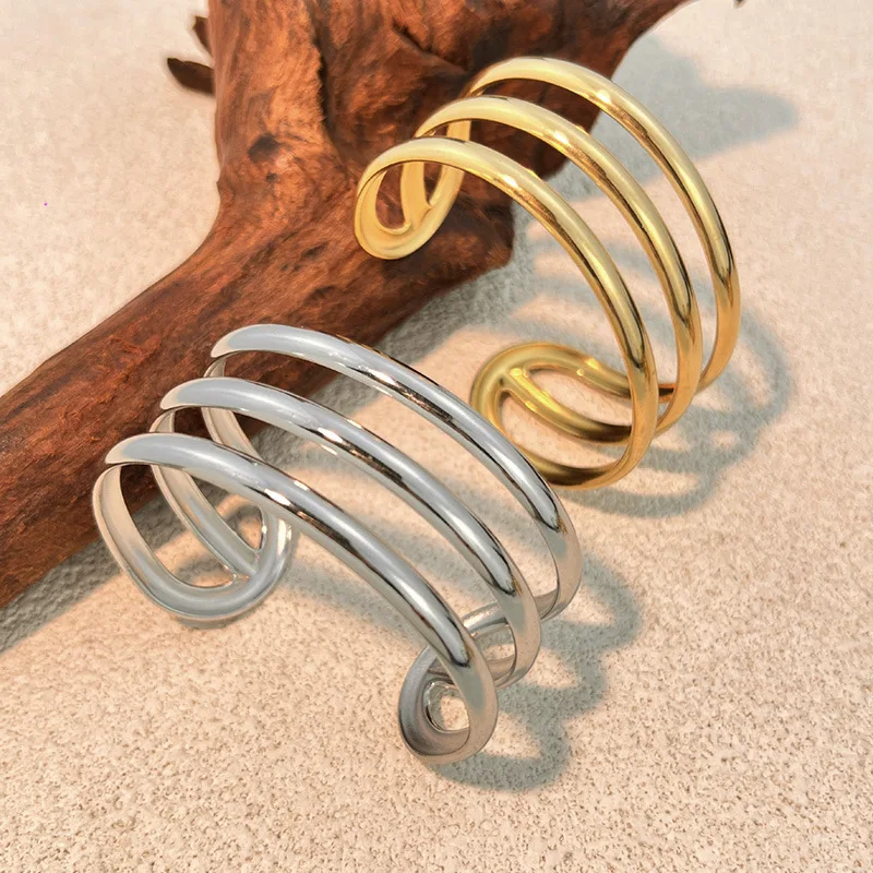 Vintage Hollow Out Metal Open Bangle Waterproof Stainless Steel Multi-layer Crisscross C-shape Wide Bracelet Femal Punk Jewelry