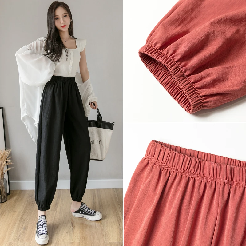 summer women thin drawstring jeans female harlan ice silk pants high waist loose straight slim daddy pants casual trousers Women'S Spring And Summer New Fashion Lantern Pants Female Ice Silk Quick Dried Versatile Loose Casual Harlan 9-Point Trousers