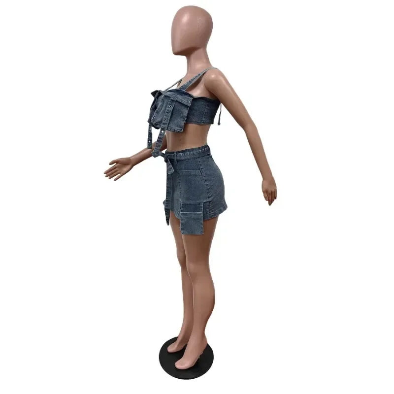 Women Denim Cargo Two Piece Set Multi Pockets Zipper Spaghetti Straps Crop Tops Bodycon Mini Skirts with Lace Up Belt Jeans Suit