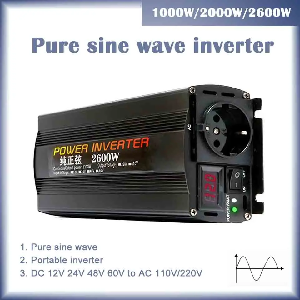 Inverter 12V 220V Per 110V Sinusoidale Pura Dc 12V 24V Potenza 1000W 2000W 2600W Inverter Solari Per Auto Convertitore Display Digitale Singolo