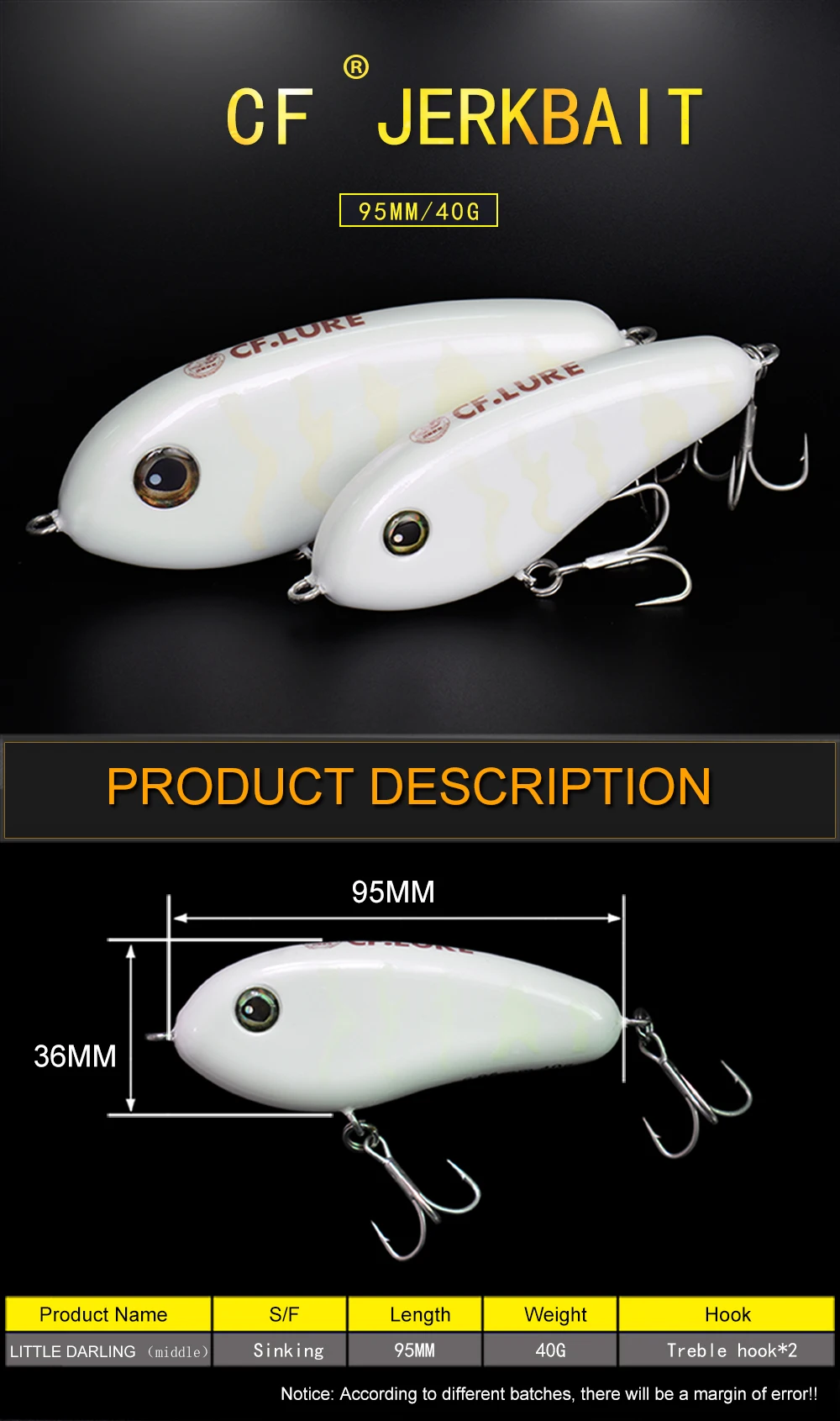 Description Picture 2 of itemSinking Jerk Outdoor Activities Bait Fishing  95mm 40g  Pencil  Luminous  Artificial  Little Darling Middle with Mustad Hook