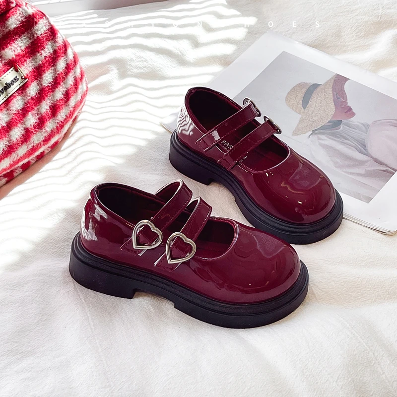 New Girls Princess Mary Jane Shoes Spring Autumn Kids Fashion Leather Shoes Wine Red Sweet Children Causal School Catwalk Shoes