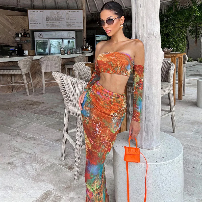 

Y2K Tube Top Off Shoulder Long Sleeve And Slit Long Skirt Fashion Sets Sexy Beach Skirt Two Piece Set Women Outfits 2022