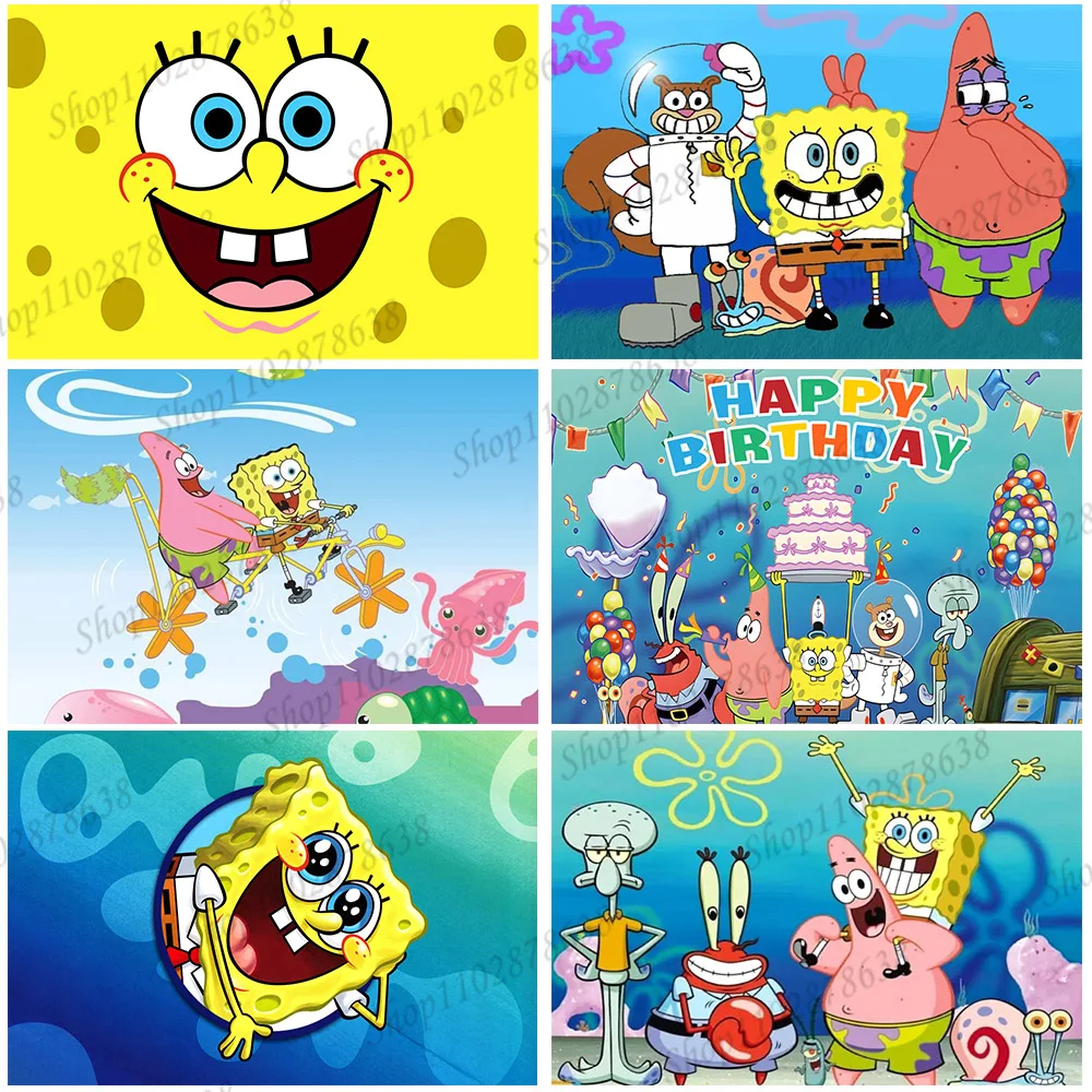 Sponge-Bob Party Fondale Panel Photography Boy Kids Birthday Decoration Party Background Patrick Star Photo Banner Decor Gift