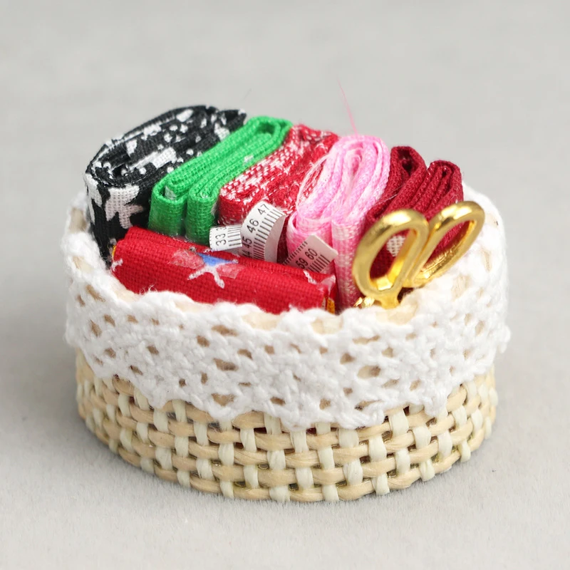 1/12 Dollhouse Miniature Accessories Sewing Tools Basket Model Simulation Scissors Cloth Ruler For Miniature Scene Decoration