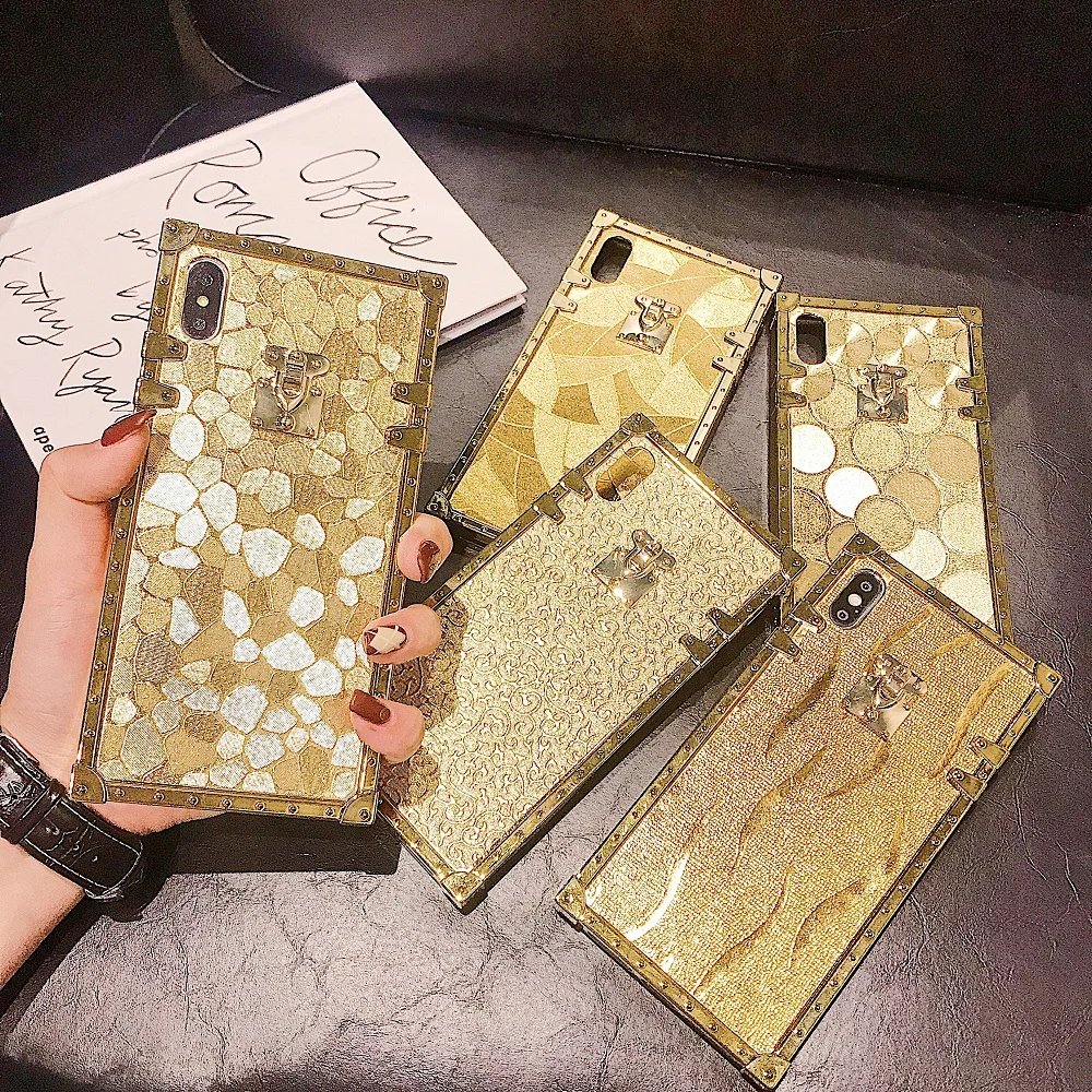 Hot 3D Luxury Square Gold Glitter Case for iphone 11Pro X XR XS MAX 7 8 15 Pro Max 14 Plus For Samsung Galaxy S10 S9 Back Cover image