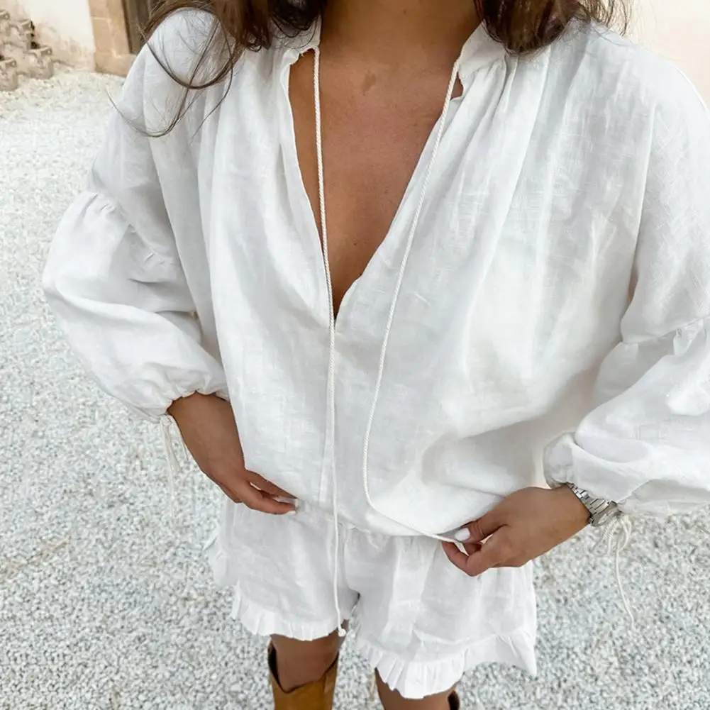 Women 2024 Summer Shorts Sets Solid Ruffle Short Pants V Neck Long Sleeve Drawstring Loose Tops Suit Casual Chic Tracksuit