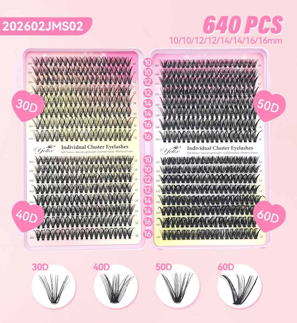 Yelix Wispy Lashes Book 640 Stück Wimpernverlängerungs-Set Flauschige Cluster Volumen-Wimpernfächer DIY Einzelwimpern Großhandel – Detail 8
