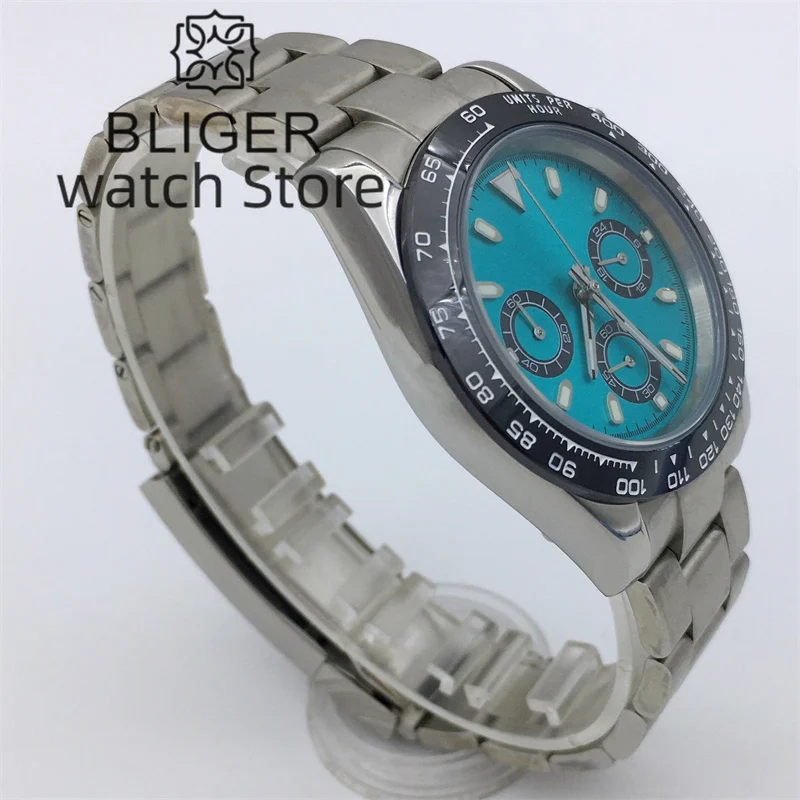 BLIGER Luxury Fashion Quartz Chronograph Business 39mm Sapphire Crystal Men's Watch VK63 Movement Ceramic Bezel Luminous index