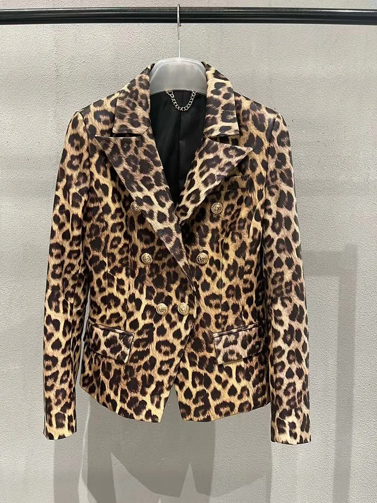 

Blazers Women 2023 Designer Genuine Leather Leopard Print Jackets Double Breasted Long Sleeve Clothes Streetwear