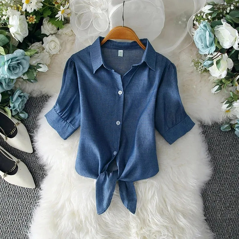 Casual White Blouse for Women Elegant Solid Short Sleeve Shirt Bow Belt Waist Office Lady Tops Summer Fashion Clothes 19870