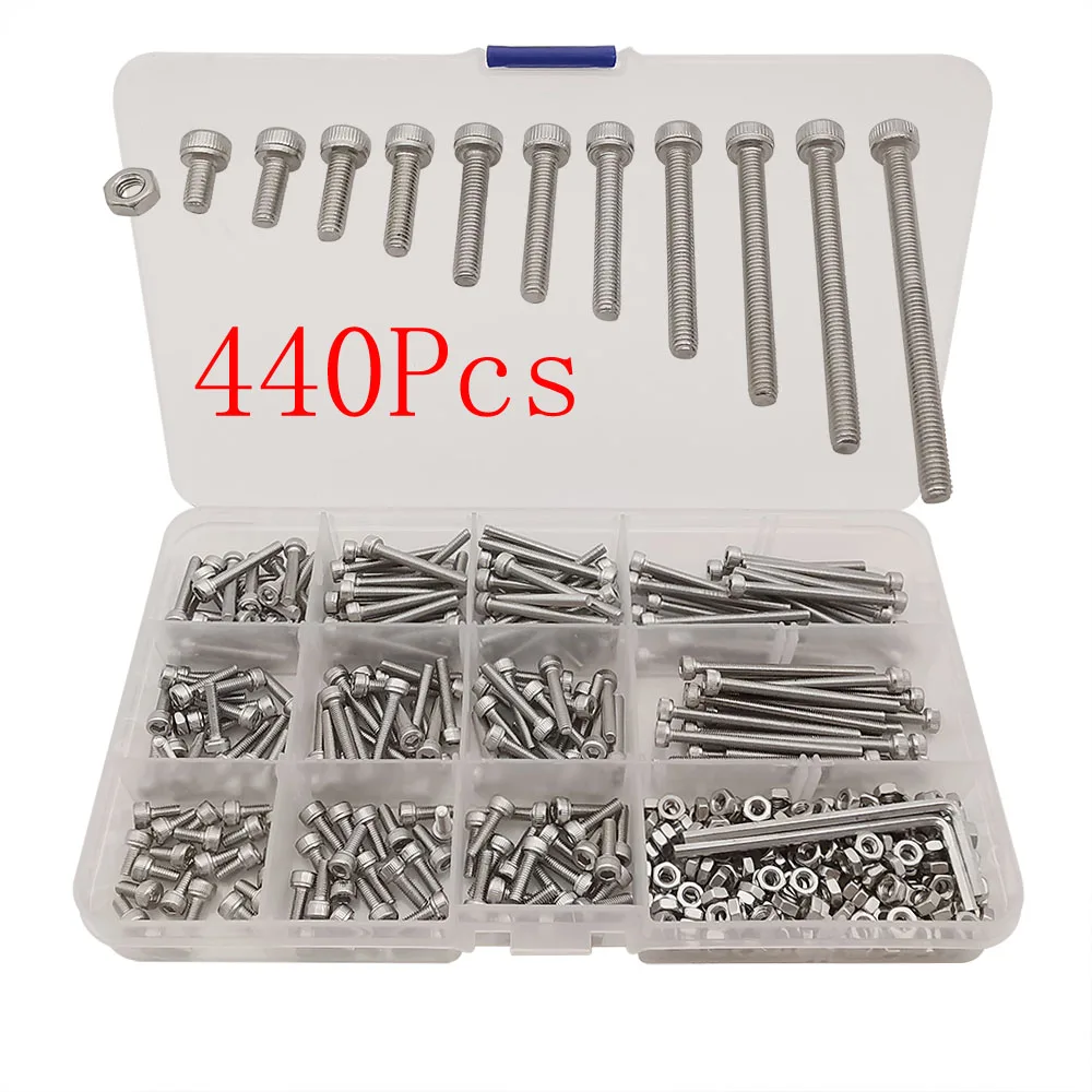 Caixa m3 mm 304 Parafusos de e Porcas Sortimento Kit Hexágono Hex Allen Soquete Cabeça Parafuso Parafuso Porca Conjunto Aço Inoxidável 440 Peças
