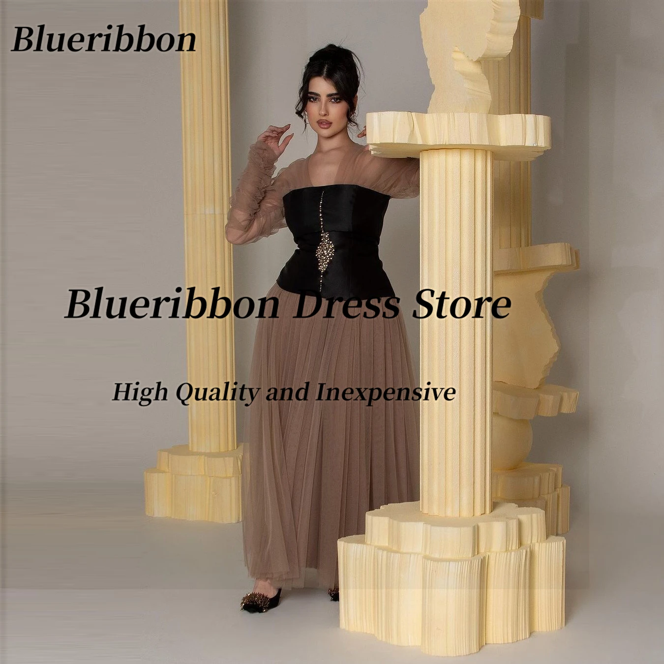 

Blueribbon Saudi Arabia Prom Dresses 2024 Long Sleeves Evening Gowns Beaded Contrast Color Vestidos De Noches Tulle Party Dress