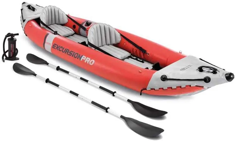 Excursion Pro 2 Person Vinyl Kayak with Oars and Air Pump for Touring Kayaks Water Sports and Outdoor Use Red