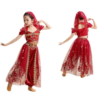  Kids India Princess Belly Dance Set Oriental Indian Dance Sari Girl Performance Costume Bollywood Children Stage Outfit