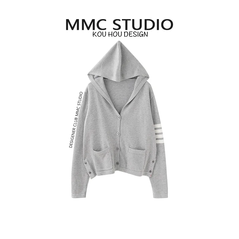

Autumn and winter gray TB four-bar hooded cardigan women's college style loose short pocket jacket casual top